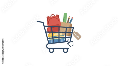 Shopping cart filled with school supplies and backpack for back to school concept Ilustração Vetorial