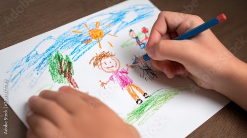 close up of child hands drawing cute colorful family picture with wax crayons on white paper at wooden table creative education artwork concept elementary school lesson arts and crafts at home