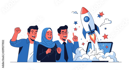 Diverse team celebrating a successful business launch with a rocket taking off from a laptop, symbolizing startup growth and achievement.