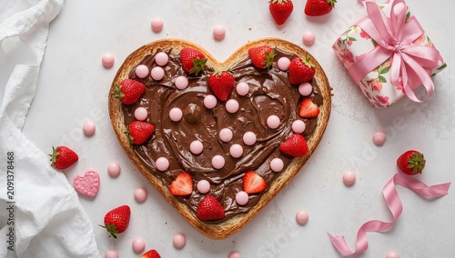 Sweet Dessert With Heart Shape and Strawberries on White Table for Celebration