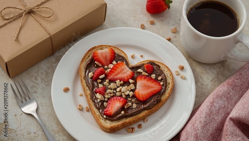 Heart Shaped Toast With Chocolate Spread, Strawberries, and Peanuts Served Wi...