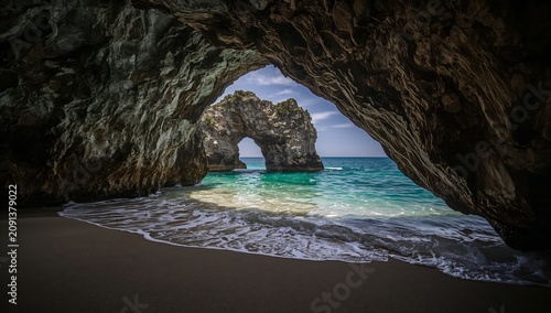Beautiful View of Ocean Through Rock Formation at Beach During Sunny Day