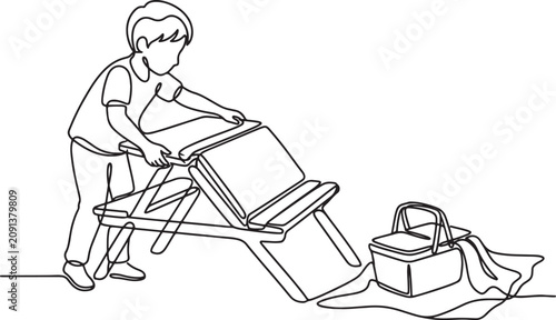man folding chair with toolkit on the floor