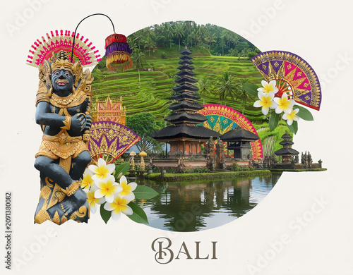 The collage on the theme of Bali, Indonesia. Tamples. Travel and vacation concept. Art design