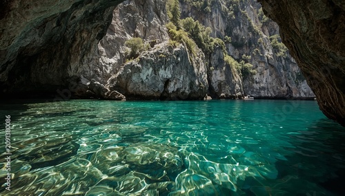 Calm Waters Reflect Bright Blue Sky Near Rocky Cliffs in Coastal Area