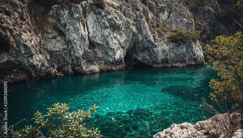 Calm Waters Reflect Bright Blue Sky Near Rocky Cliffs in Coastal Area