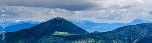 Konstfotografi Beautiful view of Mount Khomiak peak and distant snowy ridge from Gorgany mounta