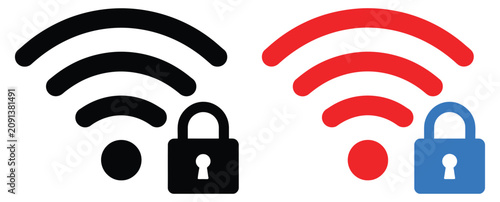 Tableau sur toile Secure and insecure Wi-Fi network signal icons with lock symbols for wireless co