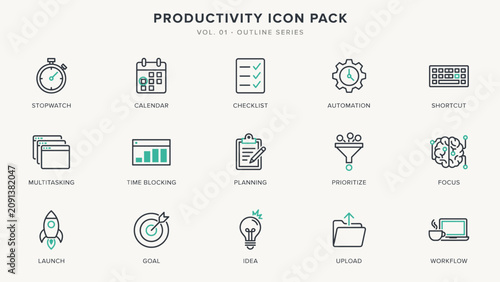Premium time blocking and multitasking outline icons – Ideal for calendar planning software, virtual assistant blogs, or executive schedules.