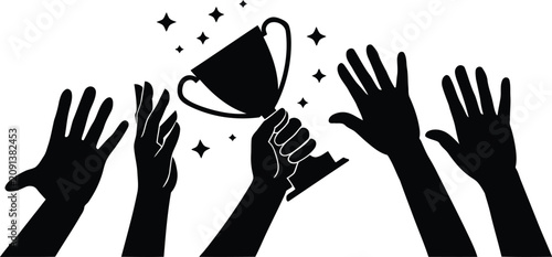 Photography Hands reaching for a winner trophy with sparkling stars vector illustration