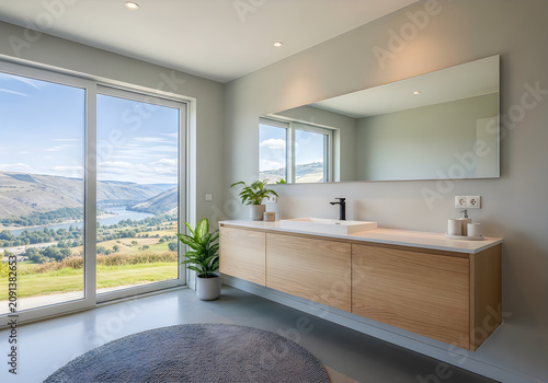 Modern bathroom interior with large window and scenic view