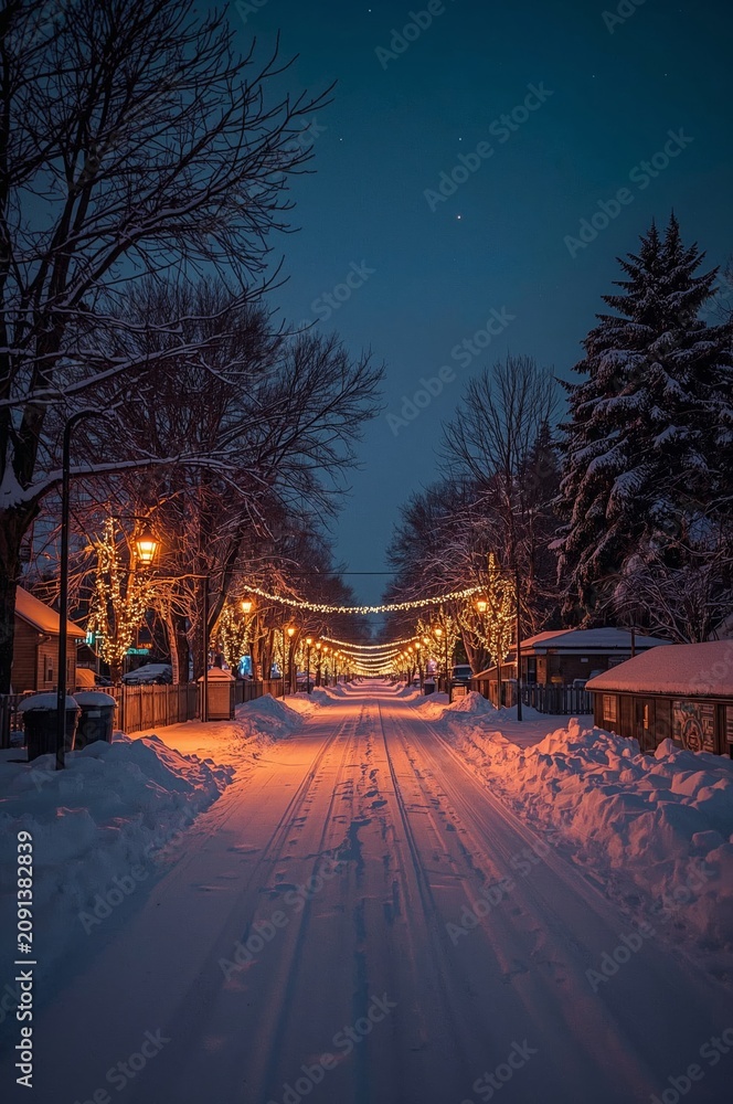Naklejka premium Evening Street View in Snow With Lights and Trees During Winter Season