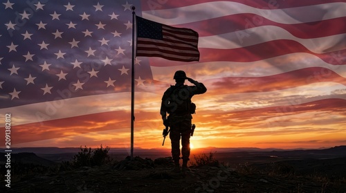 Soldier saluting american flag at sunset
