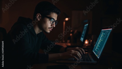 Young Man Works on Coding at Night in a Dimly Lit Room With a Laptop and Focu...
