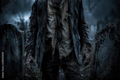 Creepy undead zombie standing between tombstones at night in a foggy old cemetery