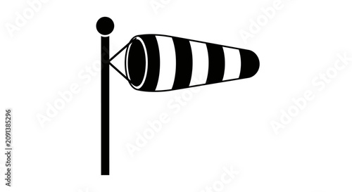 A striped windsock with a spherical top depicted as a black silhouette weather meteorology aviation