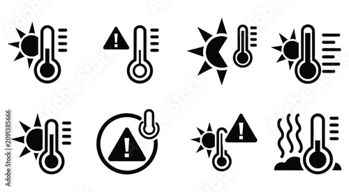 Heatwave warning and high temperature icon with thermal danger symbol for extreme heat alerts, environmental safety, weather monitoring, and prevention