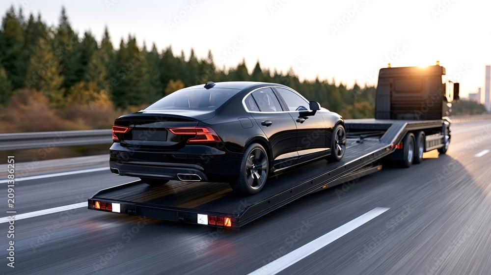 Naklejka premium Flatbed tow truck hauling a sleek black sedan on an open highway during sunset, symbolizing car delivery, transportation logistics, and road assistance services