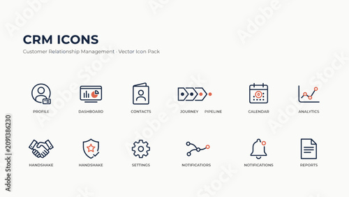 Two tone sales pipeline and CRM dashboard outline icons – Ideal for strategic business roadmaps, corporate reporting, or customer portals.