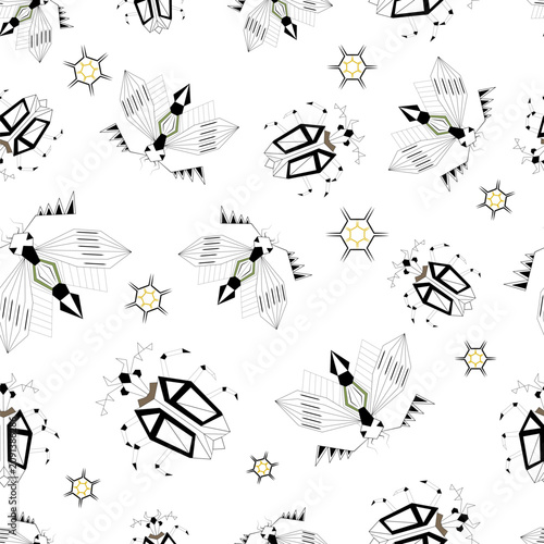 Geometric beetle and butterfly and flower on a white background