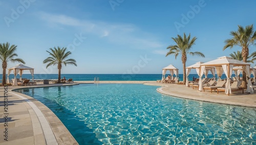 People Relax by the Poolside Near the Ocean on a Sunny Day in a Tropical Loca...
