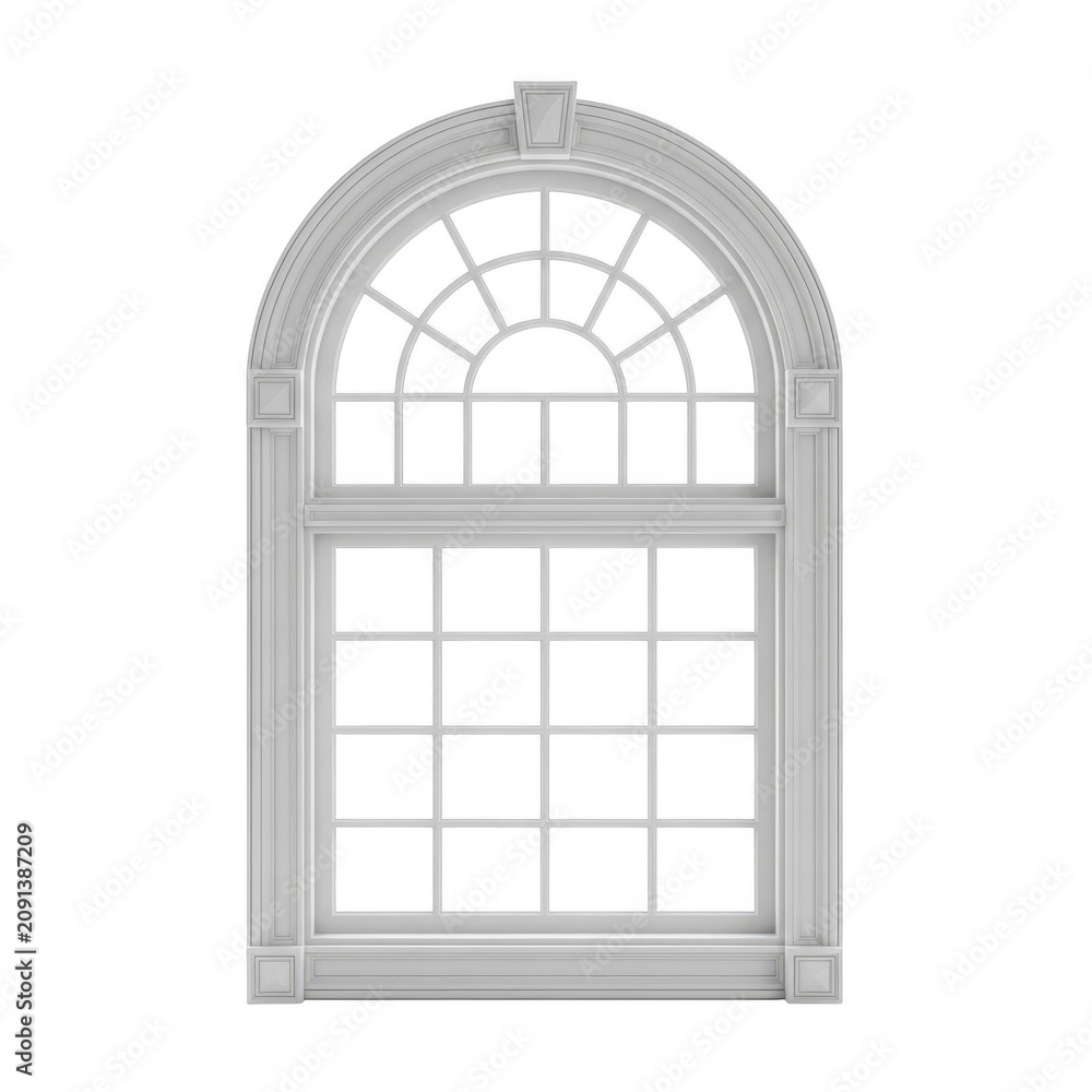 Fototapeta premium A classic white arched window frame isolated against a clean white background