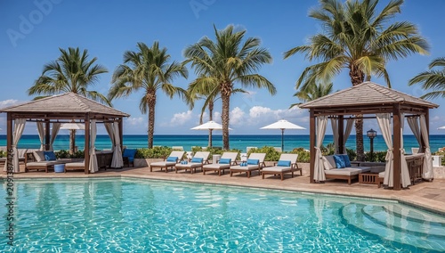 Relaxation at a Beachside Pool With Palm Trees and Cabanas During Sunny Day