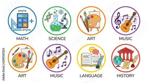 Colorful Educational School Subjects Icons Set with Math Science Art Music Language Illustration Vetorial