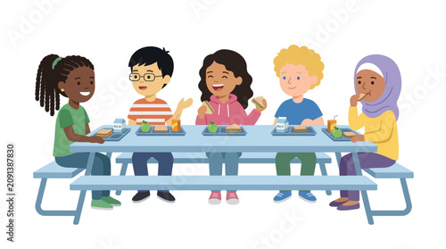 Diverse Children Eating Healthy Lunch Together at Picnic Table Illustration Vetorial