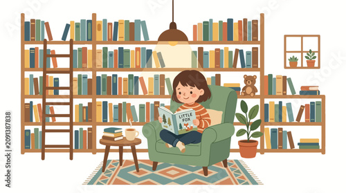 Child Reading Book in Cozy Home Library with Bookshelves and Teddy Bear Ilustração Vetorial