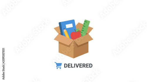 Delivery box with fresh apple, notebook, and pencil ready for shipment Illustration Vetorial