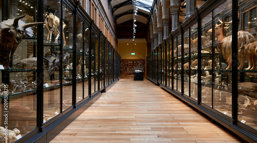 Natural history museum interior with diverse specimens on display, science and biodiversity education concept, with copy space
