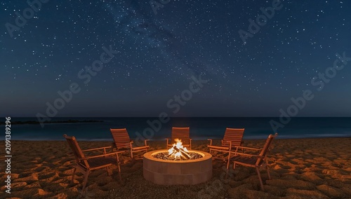 Stars Shine Over a Campfire With Chairs on a Beach at Night
