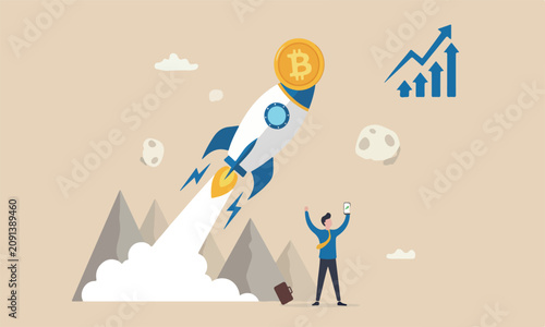 Billede på lærred cryptocurrency mountain with growth high trading concept, speedy rocket ship hol