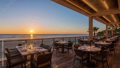 People Enjoy Dinner at a Restaurant With a View of the Ocean During Sunset in...