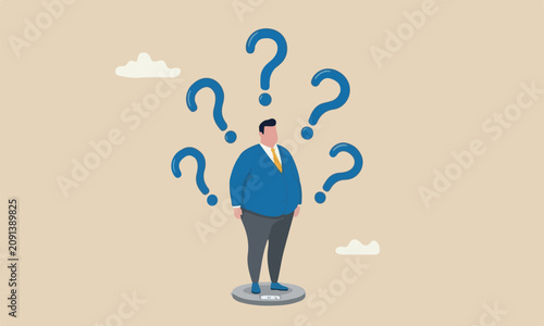 Obesity, overweight or unhealthy lifestyle cause gaining weight, belly disease, diabetes or nutrition problem concept, fatty man weighing on weight scale