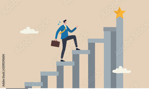 and big step The style of the illustration is modern, flat design with clean lines and minimal shading for career or adversity concept, businessman trying hard with full effort to climb up big ladder