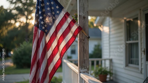 American flag waving on a house porch with white siding