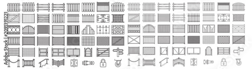 Collection of Fence and Gate Line Art Icons — Vector Set of Railings, Panels and Hardware
