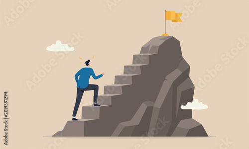 Business boulder uphill mountain peak concept, businessman trying hard with full effort to climb up big step ladder or stairway