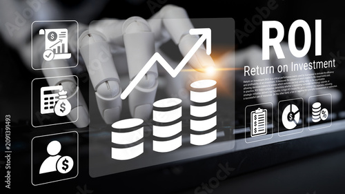 Fotografie A robotic hand interactively engages with digital financial graphics, highlighting investment trends and ROI, symbolizing modern finance technology in a professional setting