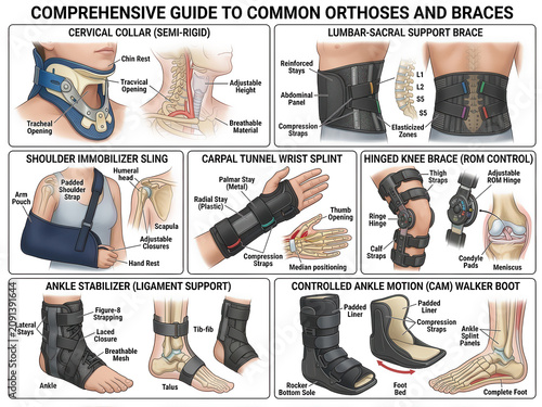 Detailed medical illustration set of orthopedic braces and rehabilitation supports isolated on white background. 