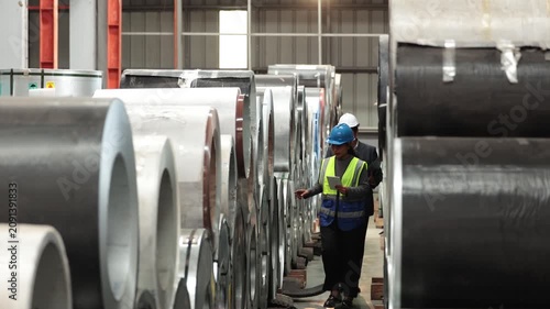 Professional logistics managers auditing metal coil storage facility or checking inventory in warehouse.