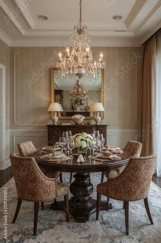 Elegant Dining Room Setup With Chandelier and Floral Centerpiece in a Sophist...