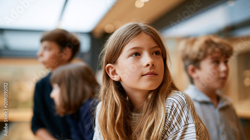 School field trip to a museum with students engaged in an immersive learning experience, curiosity and education concept, with copy space