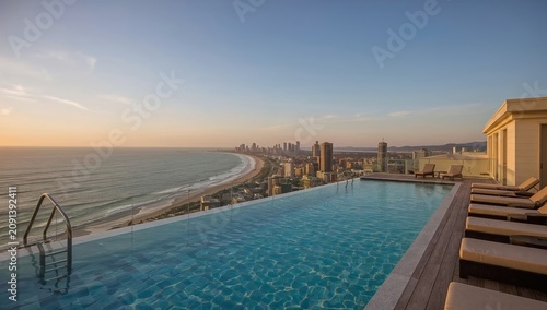Luxury Infinity Pool With Ocean View at Sunset in a Coastal City