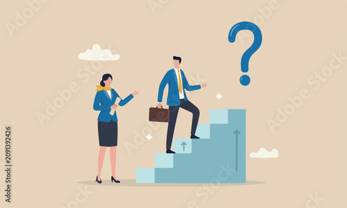 Employee, manager advice, guidance, stairway to success or new opportunity, career development concept, supportive businesswoman manager encourage employee to step on stair to success