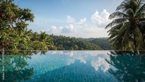 View From a Pool Overlooking Green Hills and Palm Trees Under a Bright Sky in...