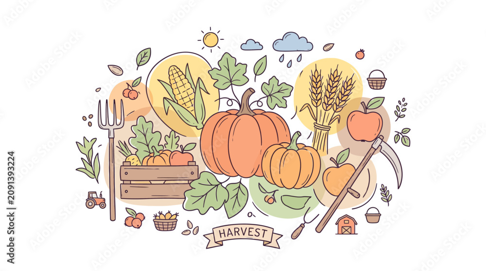 Fototapeta premium Hand drawn doodle illustration of autumn harvest theme with pumpkins and crops.