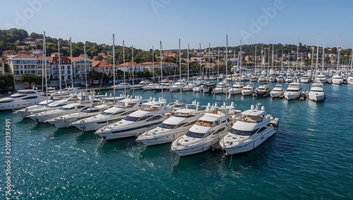 Luxury Yachts Docked in a Busy Marina During a Clear Sunny Day in a Coastal Town